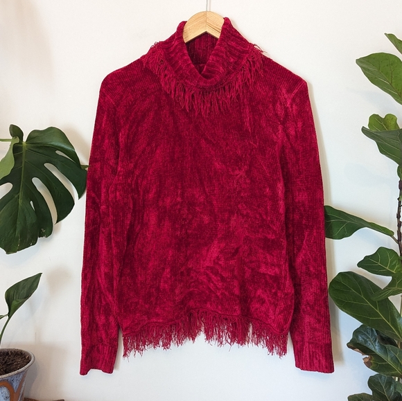 Rafaella | Chenille Fringed Rolled Turtleneck Sweater Vibrant Red - Picture 1 of 9